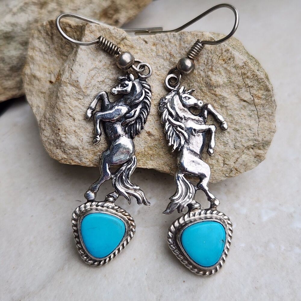 Vintage Navajo Horse Earrings With Turquoise Signed Sterling